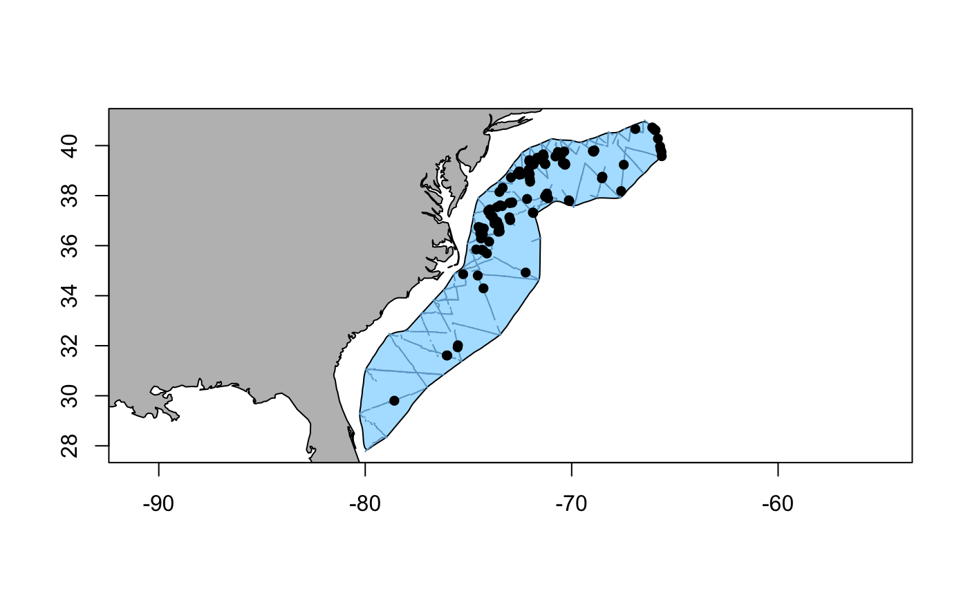<b>Fig. 1:</b> Distribution of sperm whale (<em>Physeter macrocephalus</em>) sightings within the study area off the US East coast. Surveyed transects are shown as solid lines.